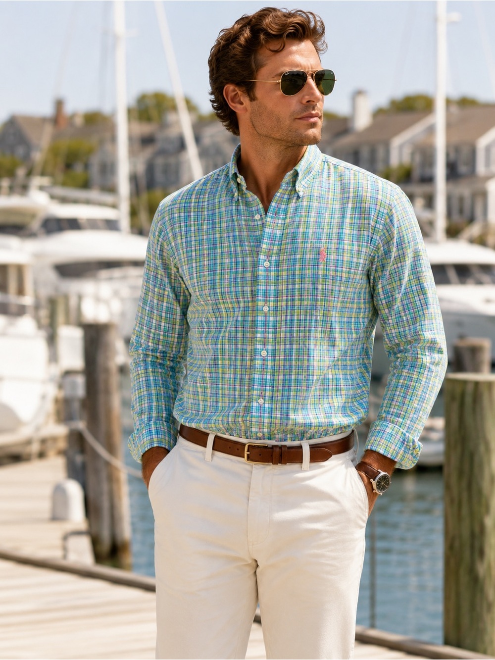 Ralph Lauren Plaid Button Down Shirt Blue Green Yellow Pink Pony Men's Large